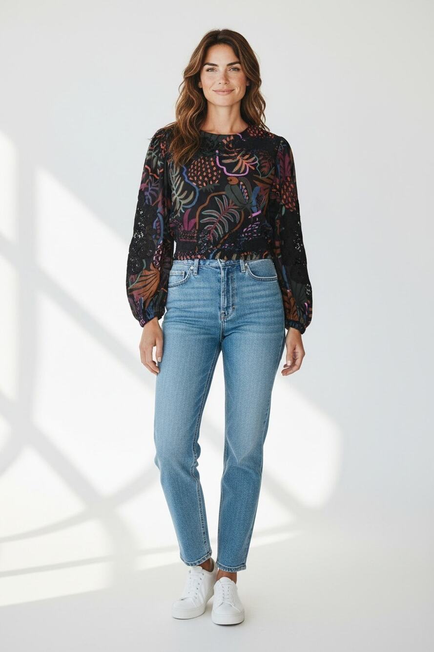 A5 NWOT FARM RIO Frutis Cotton Tropical Print Balloon Sleeves Crop Blouse Sz XS